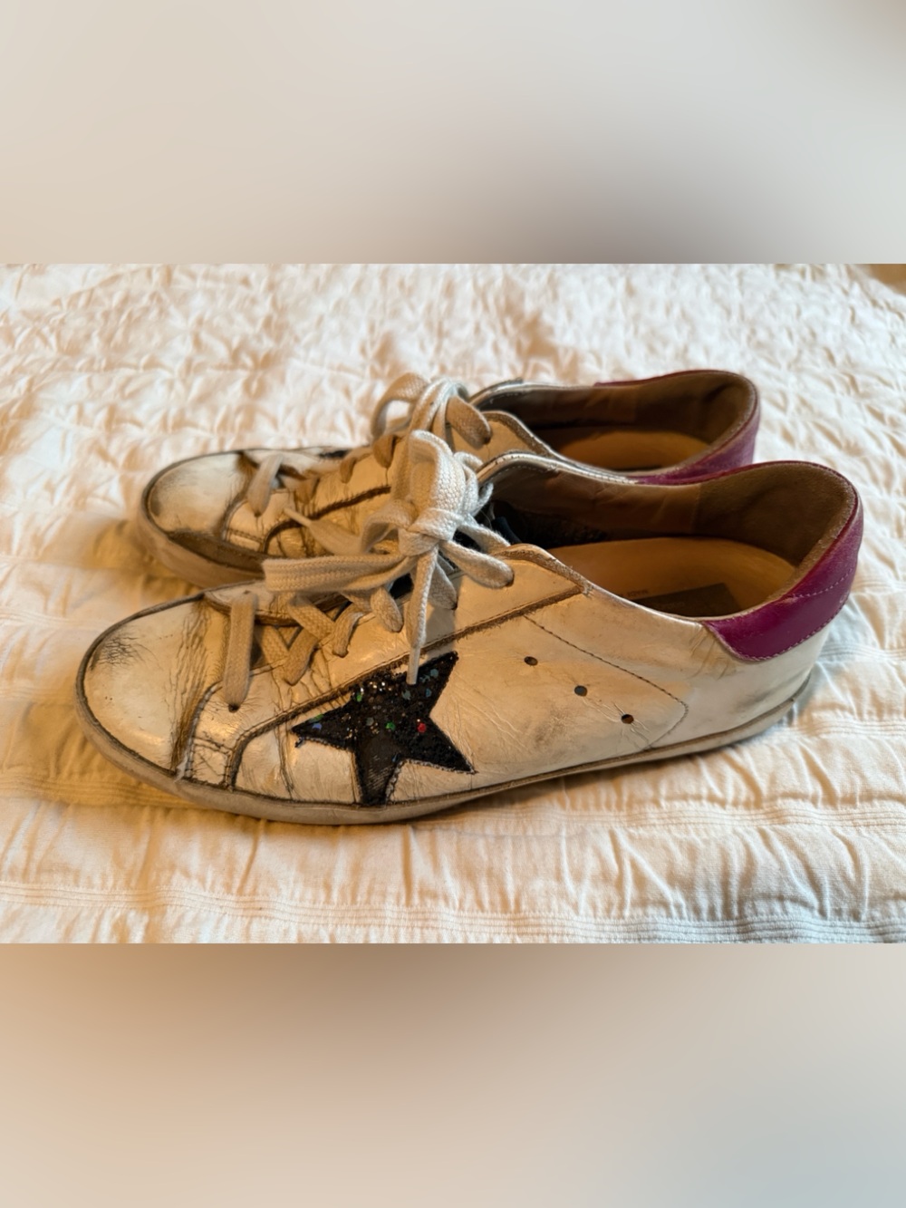 Gold Leather Star Sneakers with Pink Heel - Women's Casual Shoe